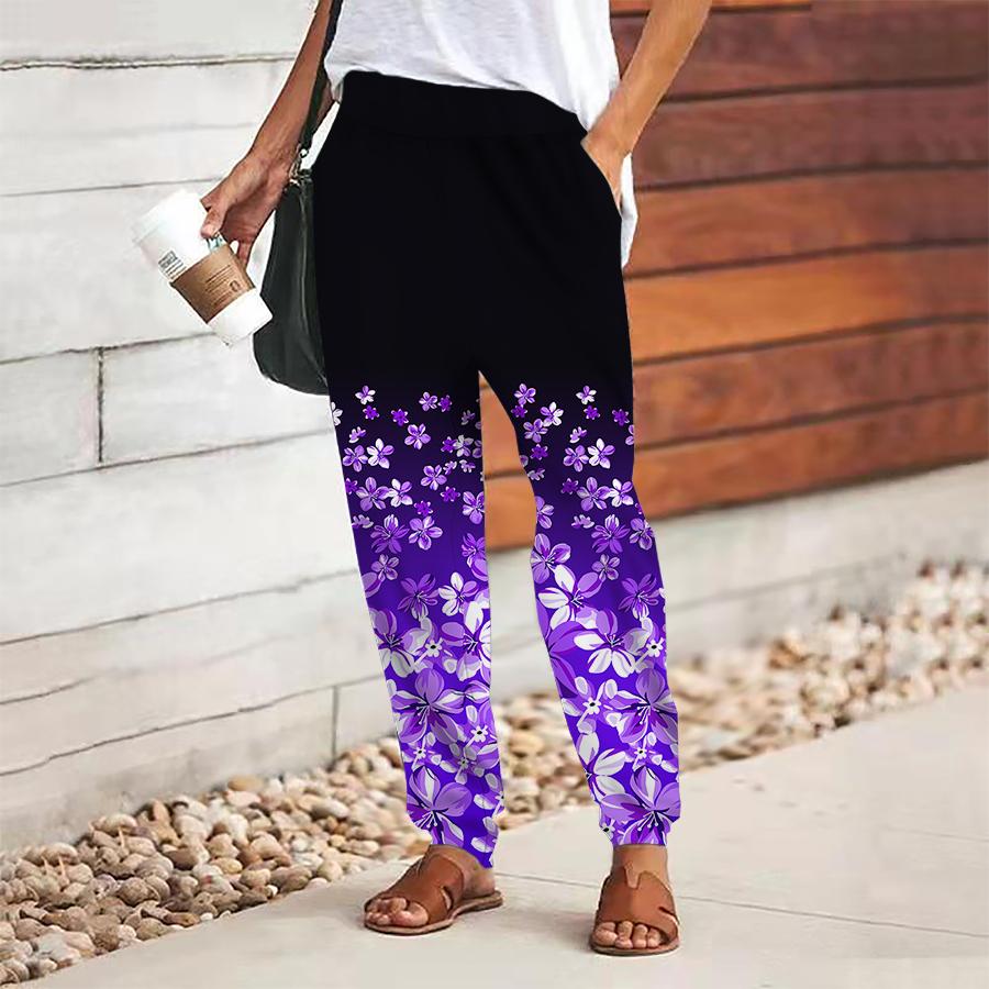 Women Flower Printing Pants Lace Up Elastic Waist Loose  Trousers Casual Long Pants Trousers with Pockets