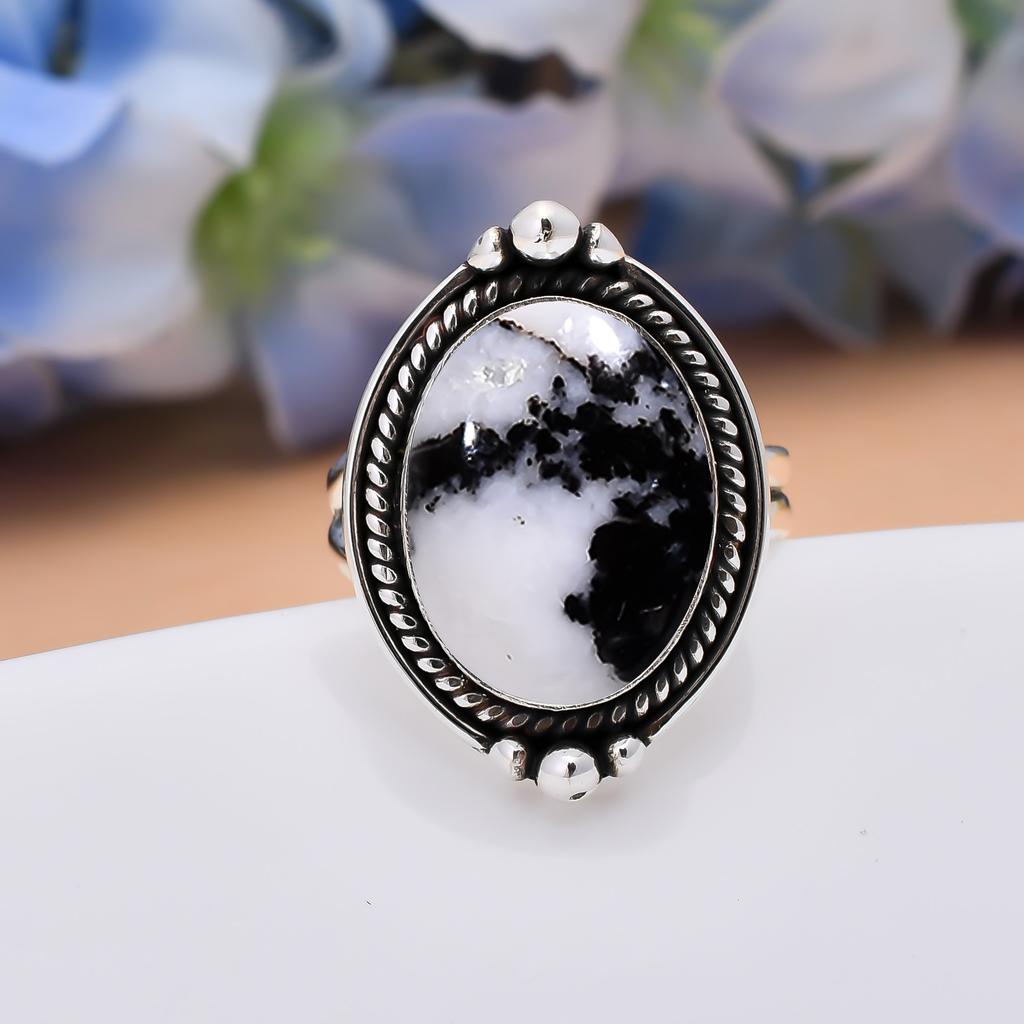 White Buffalo Turquoise - Nevada 925 Sterling Silver Ring V5968, Black & White Ring, Oval Ring, Valentin's Day Gift, Gift For Her, Birthday Gift, Hand
