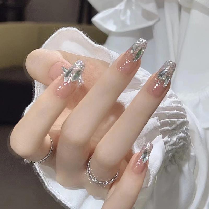 Handmade Luxury Sparkly Fairy Sweet Medium Nail Tips with Magic Mirror Powder and Rhinestones