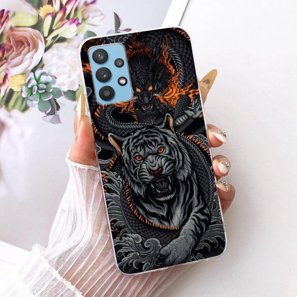 Cartoon Katze Drache Tiere Malerei Hülle für Samsung Galaxy A32 A33 5G 4G Rückseite Transparent Weiches TPU Silikon Handyhülle