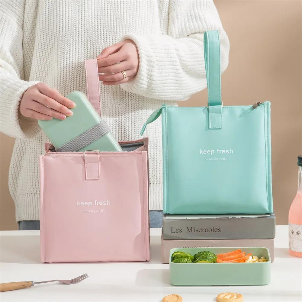Portable Waterproof Lunch Bags PU Leather Food Picnic Lunch Box Insulated Women Cooler Bags Ice Pack Drink Carrier Thermal Bag