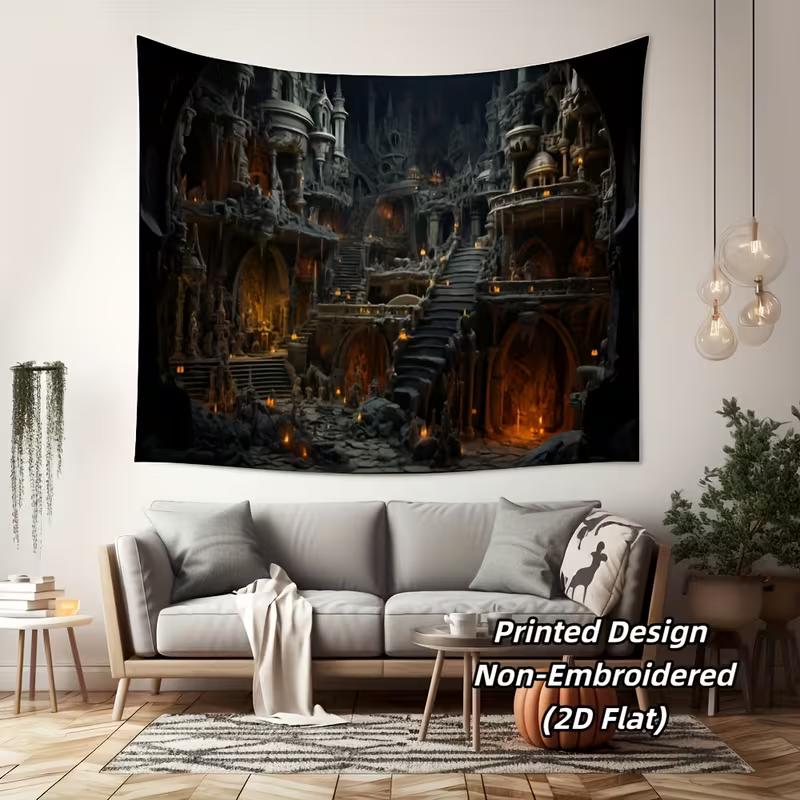 2D Spooky Gothic Palace with Glowing Lights Tapestry Living Room Art