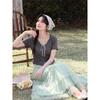 Women's French Retro Green Lace A-Line Midi Skirt