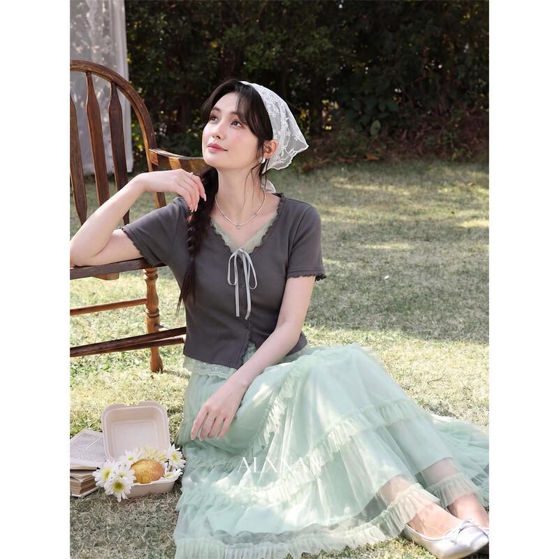 Women's French Retro Green Lace A-Line Midi Skirt