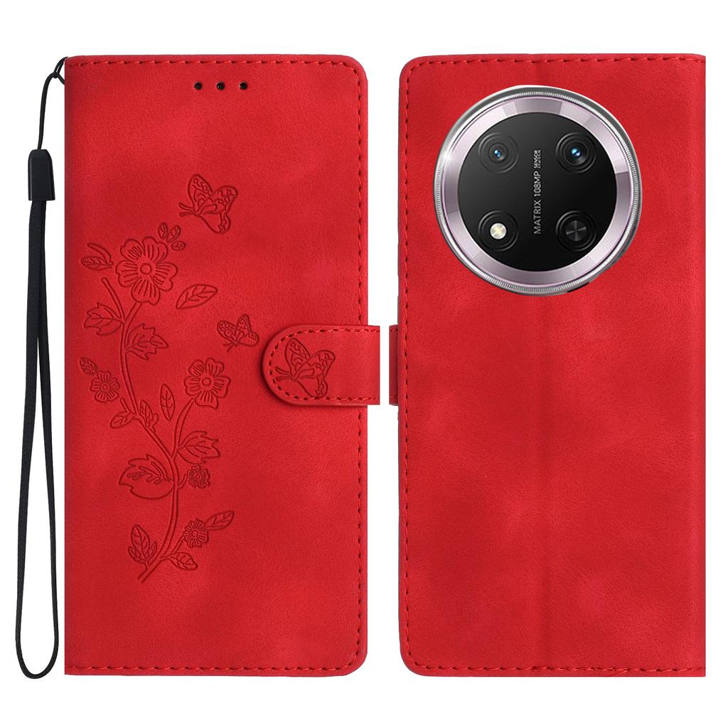 For Honor X9c 5G Case Leather Imprinted Flower Phone Cover Wallet with Wrist Strap