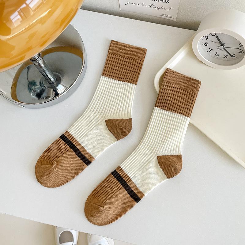 Female Spring and Autumn Pure Color Cotton Striped Embroidered Small Flower Boneless Long Tube Stack Socks