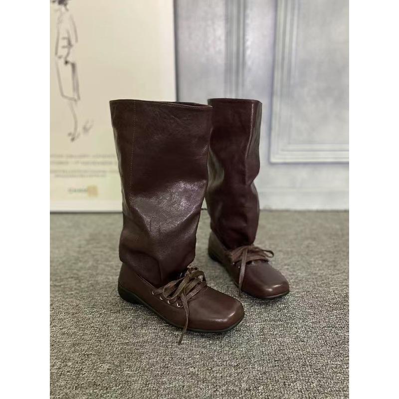 Vintage western pile boots women's autumn new soft leather lace-up pleated medium tube boots sleeve thin boots