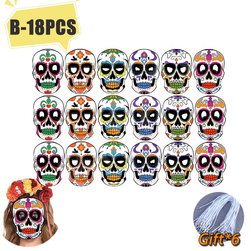 6-60PCS Halloween Colorful Skull Masks Mexican Day of The Dead Paper Mask Set for Party Masquerade Theme Decor DIY