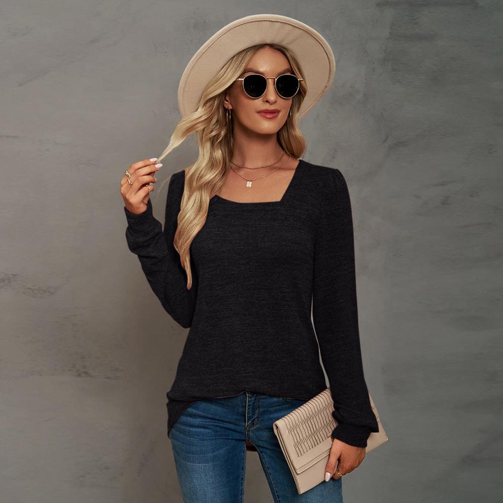 Autumn and Winter Popular T-shirt Solid Color U-neck Wrinkled Long-sleeved Casual Puff Sleeve Bottoming Shirt