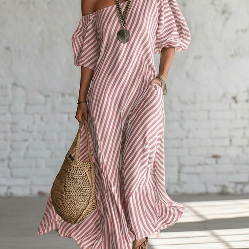 Women's Striped One Shoulder Maxi Dress Three Quarter Sleeve Loose Fit Vacation Dress