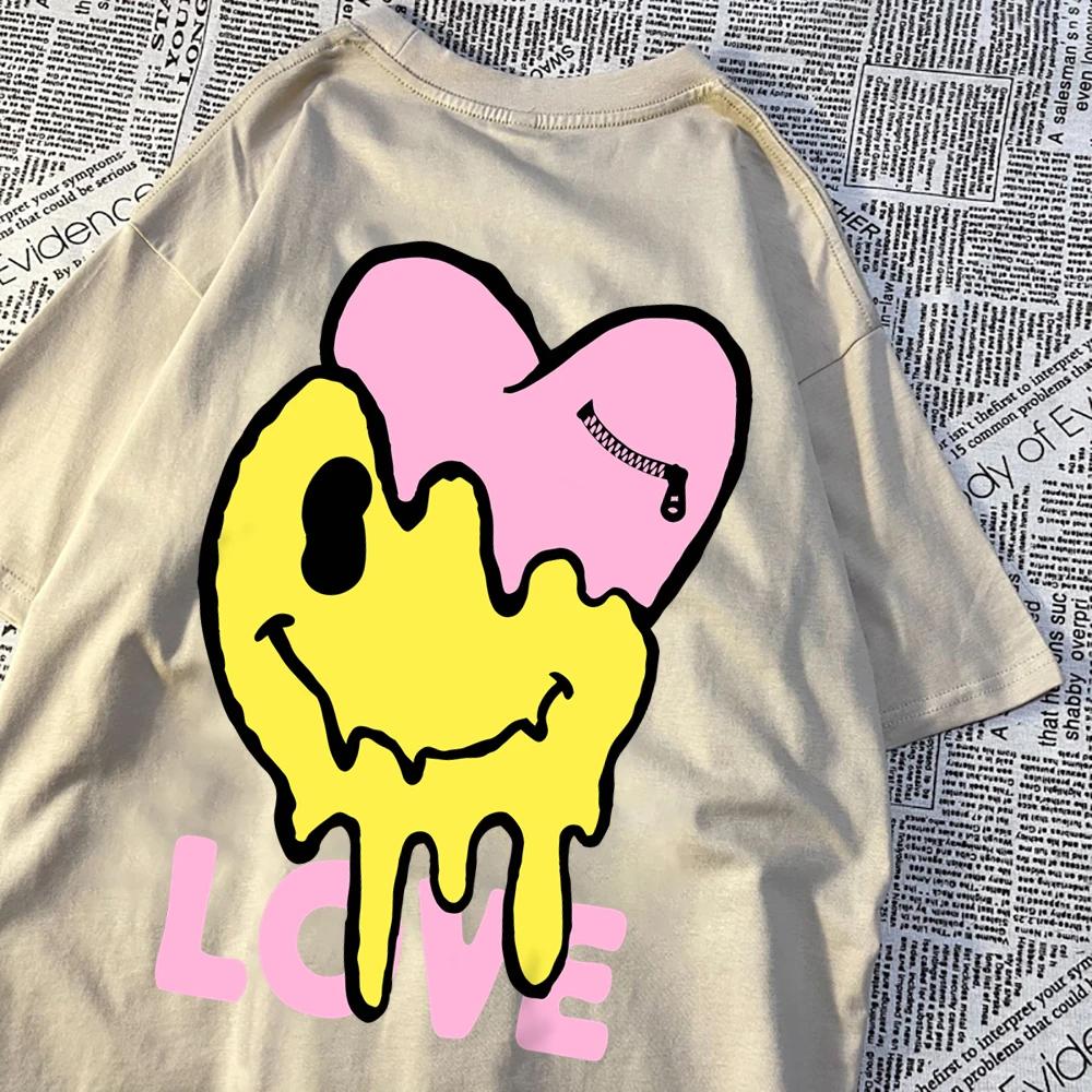 Melting Happy Face And Hurting Heart T-Shirts Couple Breathable O-Neck Tshirt Loose Clothes Oversized Summer T-Shirts Cotton Tee