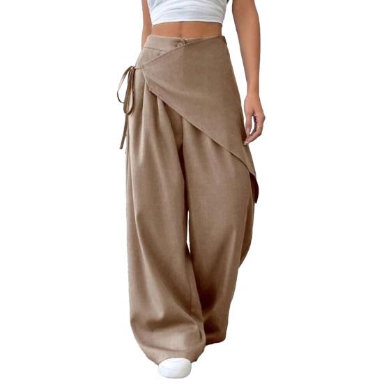 Yousheng Women Long Pants, Oversized Wide Leg Trousers with Apron Decor, Pure Color Elastic Waist Casual Pants for Daily Commuting