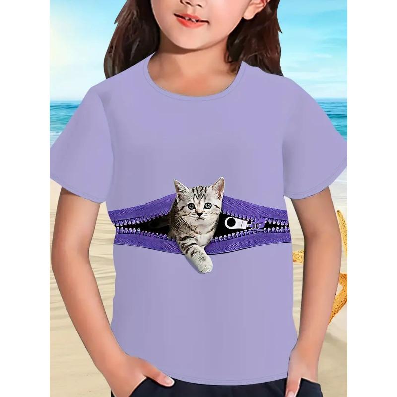 Children's Short Sleeved T-shirt Girls' Round Neck Summer Cat Print Fashionable Casual Versatile T Shirt