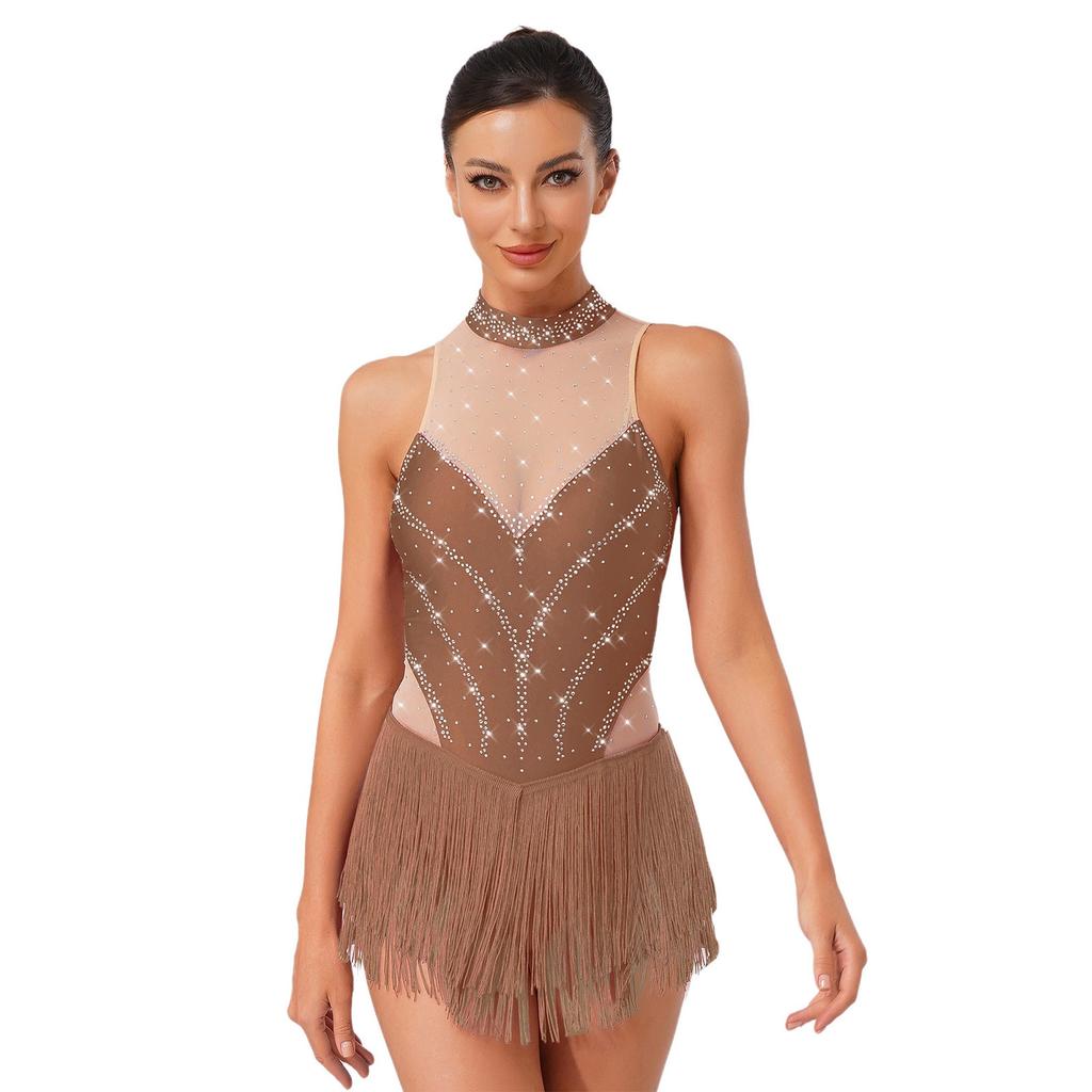 Pailletten Fransen Body für Damen Neckholder Jazz Latin Tanz Samba Chacha Quaste Leotard Akrobat Kostüm