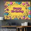 2D Yellow Happy Birthday Backdrop, Cartoon Party Doodles & Gifts Photo Background