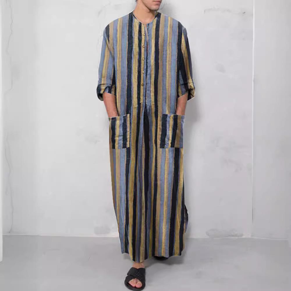 

Men Traditional Robe Style Loose Striped Long Sleeve Muslim Abaya Thobe Retro Chinese Taoist Gown, Oversized Soft Casual Ethnic Daily Streetwear Men 5XL синий