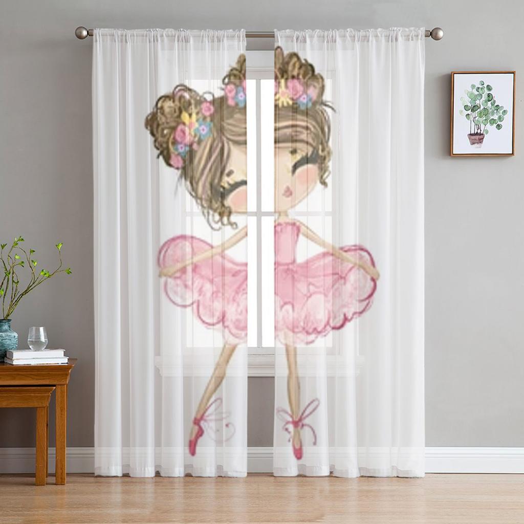 Ballet Dancer Girl Pink Flower Sheer Drapes Window Curtains for Living Room Bedroom Home Decor Cherry Blossoms Chiffon Curtain