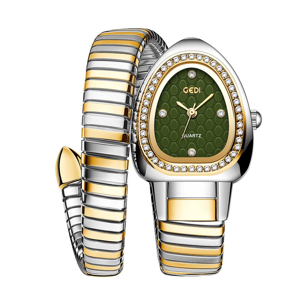 Lady Watch With Serpentine Design And Rhinestone Decoration For Fashion Women GreenBanded