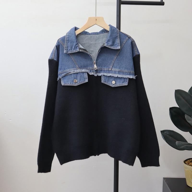 Zipper Splicing Denim Knitted Cardigan Autumn and Winter New Loose Casual Design Sweater Jacket Women
