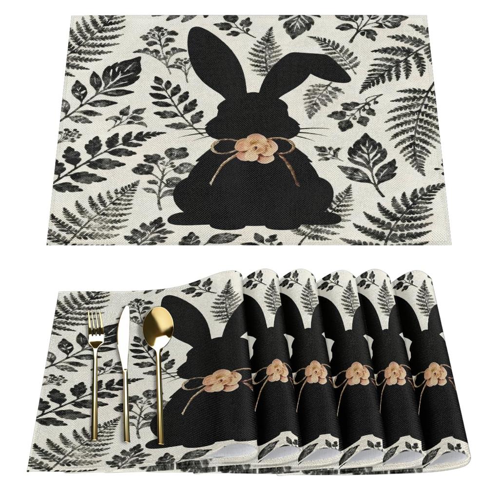Happy Easter Bunny Flower Placemats Set of 6 - Buffalo Plaid Rabbit Linen Place Mat Washable Non-Slip Table Mats