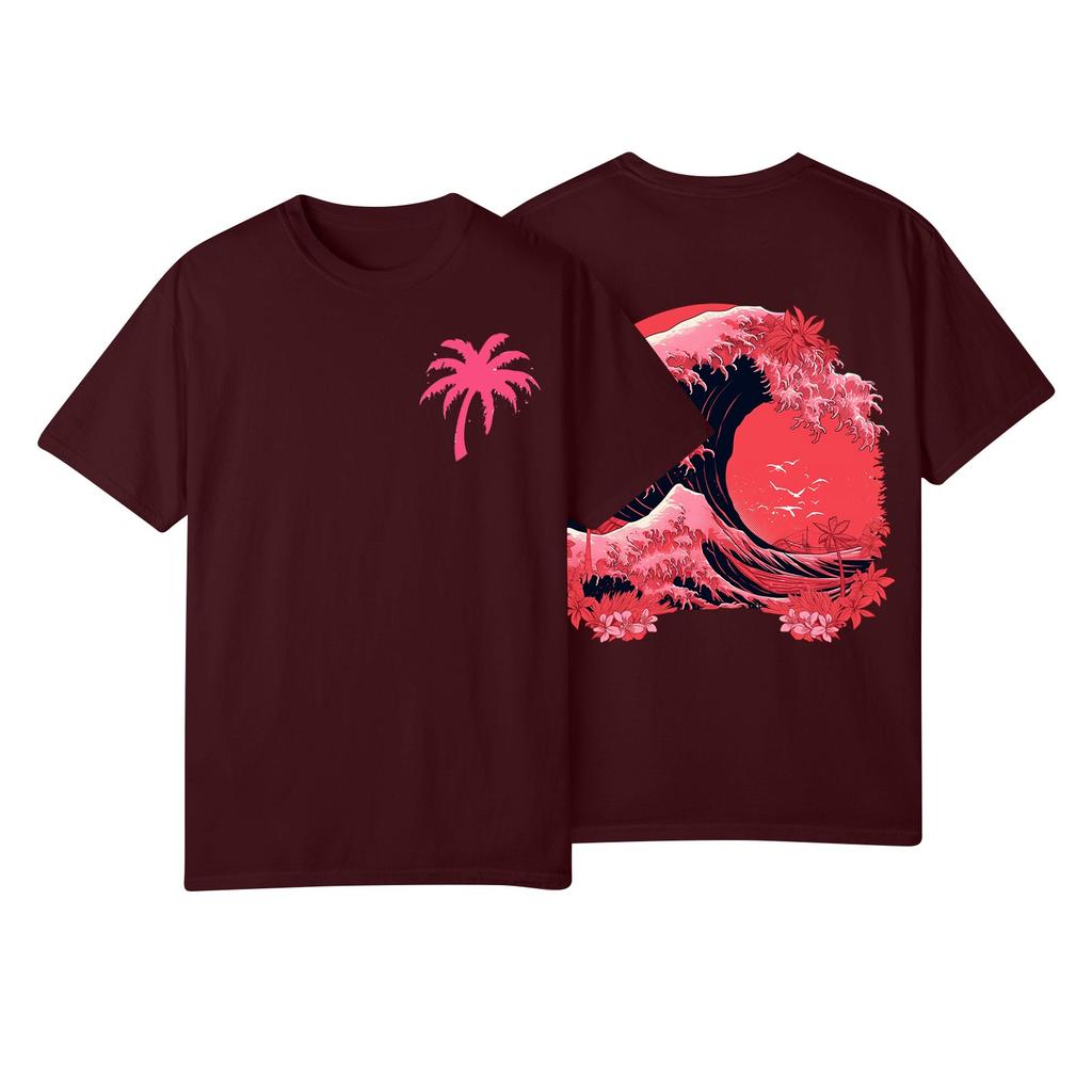 T-shirt à manches courtes et col rond plissé pour femme, imprimé décontracté