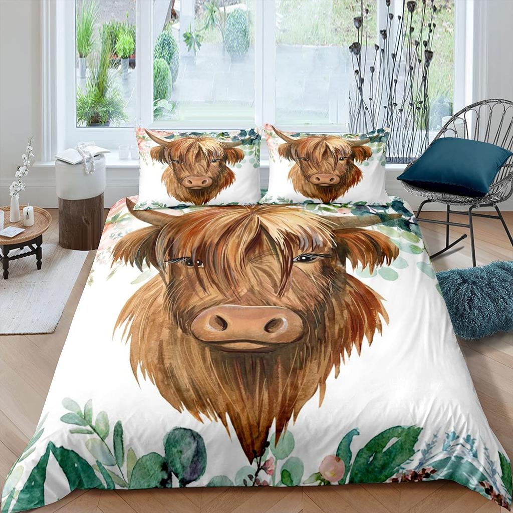 Highland Cow Duvet Cover King Sunflower Black Cattle Bedding Set Microfiber Farm Animal Cow Western Farmhouse Cattle Quilt Cover