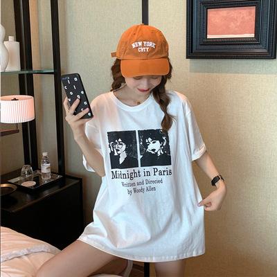 Summer new American printed lower clothes missing medium and long loose top white short-sleeved T-shirt women's ins tide
