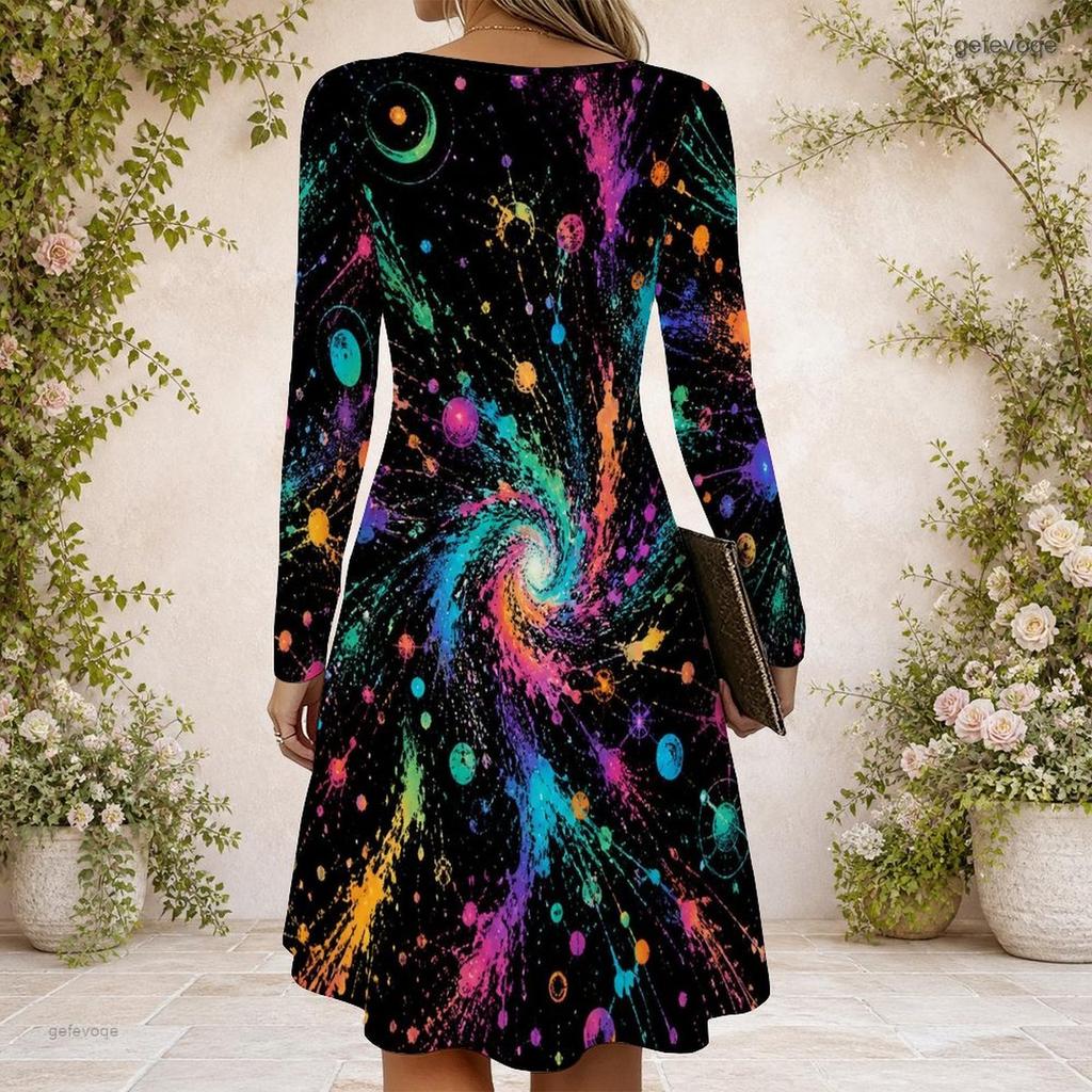 Women Criss Cross V Neck Long Sleeve Multicolor Printed Fitted Curved Hem Dress