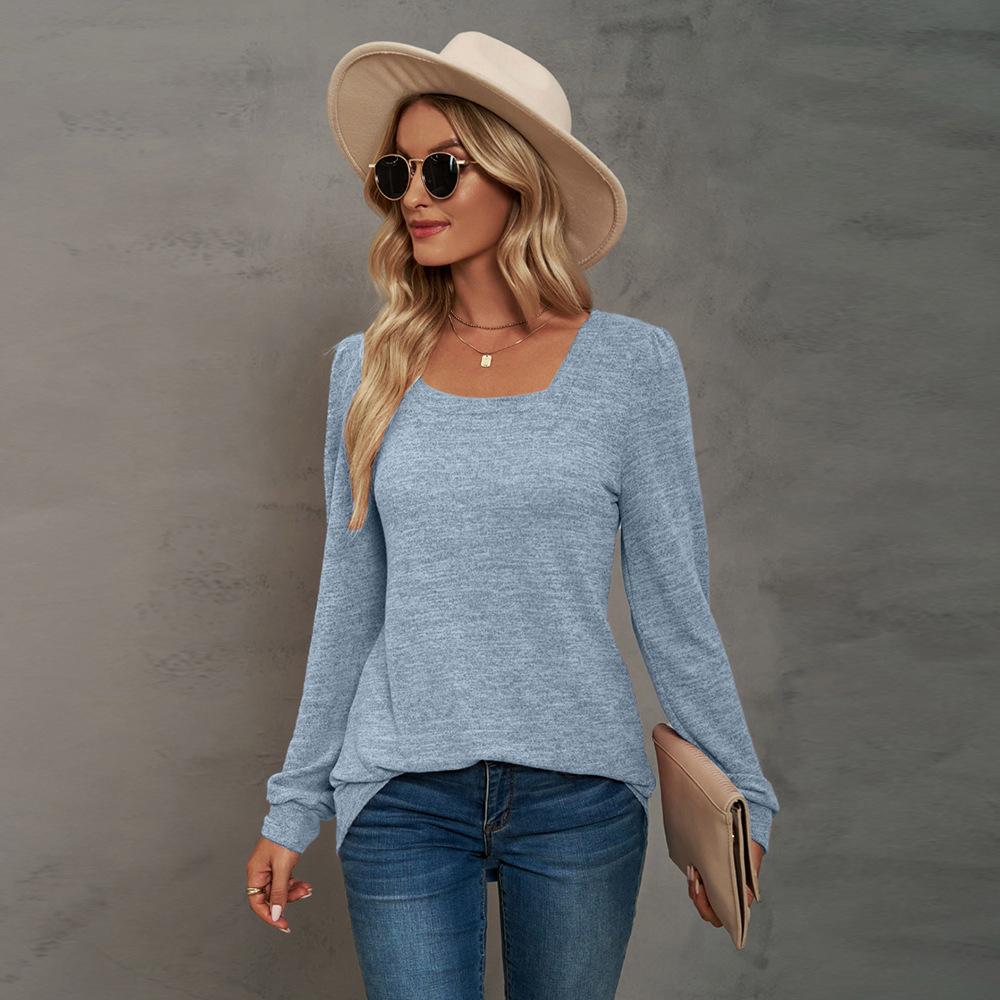 Autumn and Winter Popular T-shirt Solid Color U-neck Wrinkled Long-sleeved Casual Puff Sleeve Bottoming Shirt