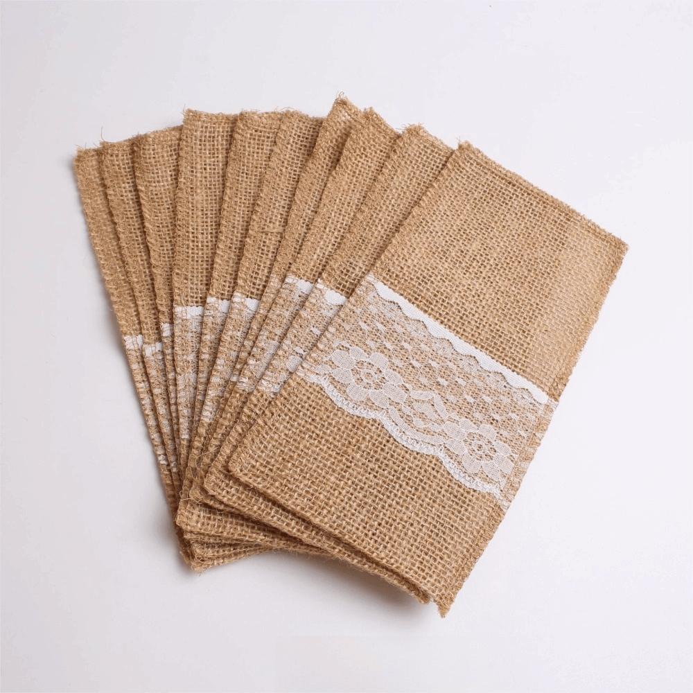 10Pcs Burlap Tabbleware Holder Lace Silverware Bag Lightweight Napkin Bag  Wedding Party