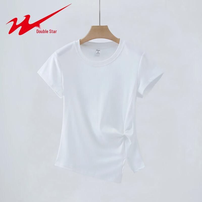 Shuangxing Women's Summer Round Neck Slim Fit Irregular Pleated T-Shirt