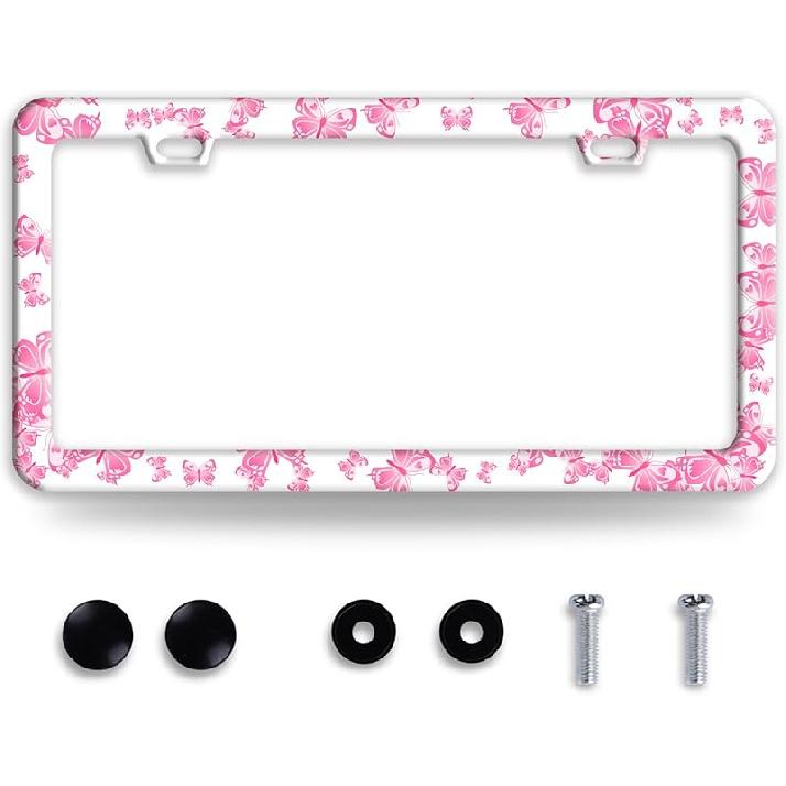 Line Art Flowers License Plate Frame Beautiful Floral License Plate Frames Funny Stainless Steel Accessories Cars Decor With 2 Holes And Screws Fits