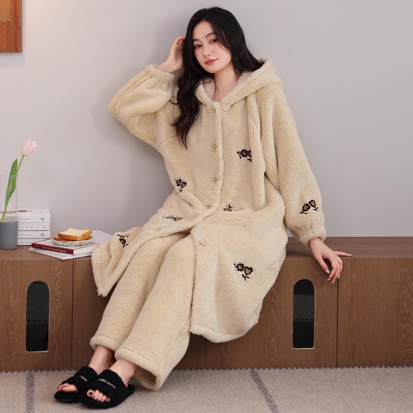 

Women s Winter Shu Cotton Fleece Pajama Set: Hooded Robe & Long Pants M (Height 150-160 cm, Weight 80-100 kg)