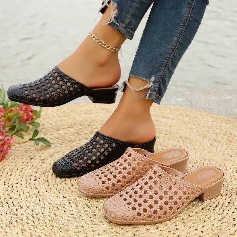 Fashion Women's Slippers 2025 Summer New Fashion PVC Hole Slippers Women's Beach Soft Hollow Middle High Heel Sliding Sandals Slippers
