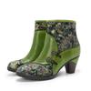 Johnature Retro Genuine Leather Patchwork Jacquard Fabric High-heeled Women's Short Boots