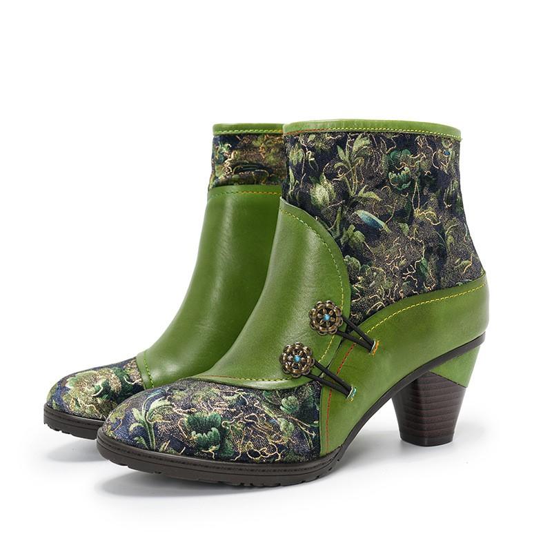 Johnature Retro Genuine Leather Patchwork Jacquard Fabric High-heeled Women's Short Boots