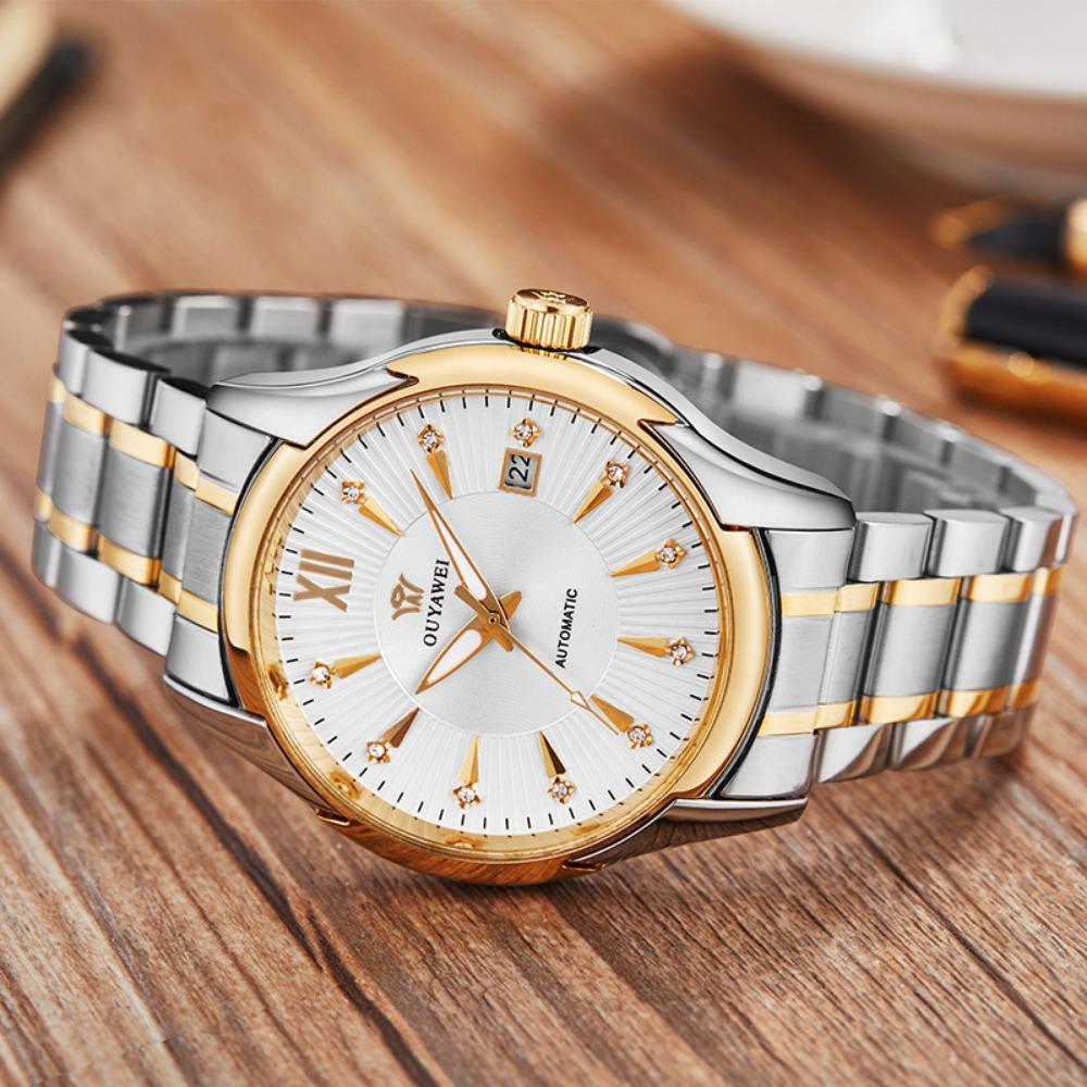 OUYAVEI Herren Automatische Mechanische Uhr Kalender Diamant-Inlay Leuchtend Edelstahl Business Armbanduhr