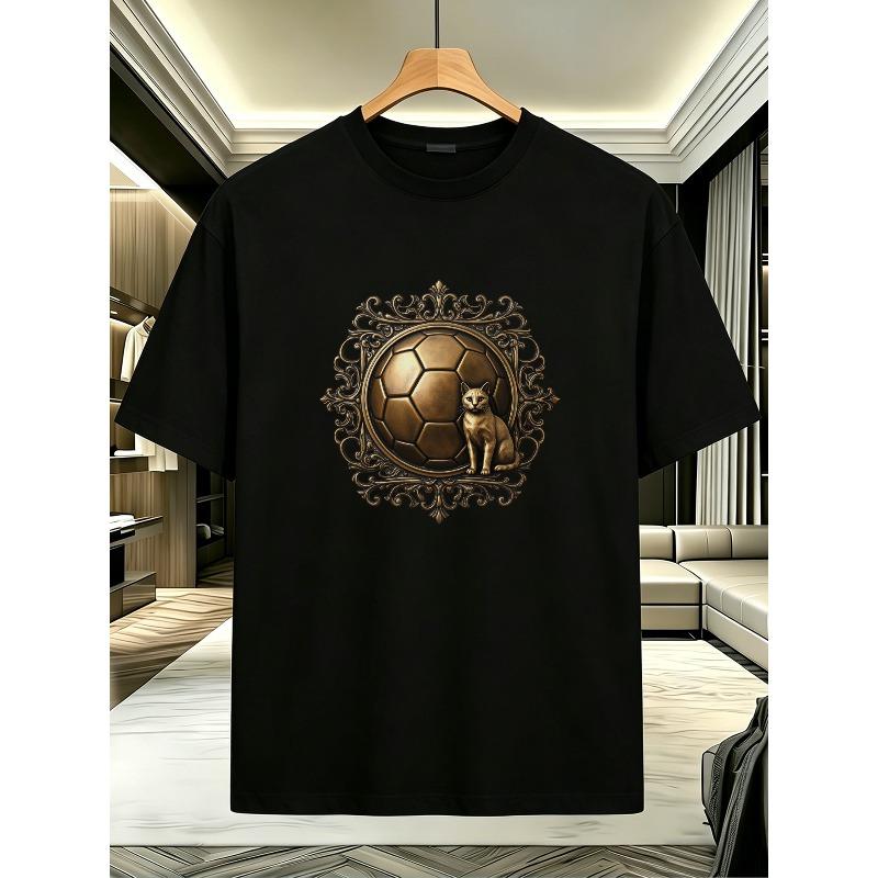 

European Size 1pc Sports Style Printed T-Shirt, Cat and Soccer Ball Design Short Sleeve, Durable Print, Skin-friendly Lightweight Fabric 4XL чорний