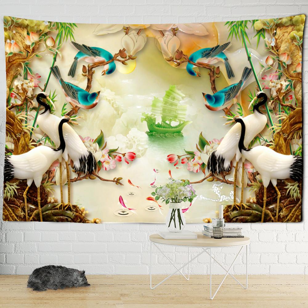 Crane Relief Tapestry Wall Hanging Oil Painting Psychedelic Retro Bohemian Art Mattress Room Home Decor