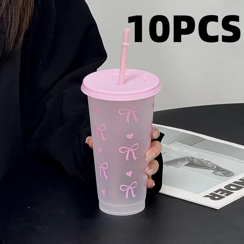 20Pcs Bowknot Plastic Cup with Straw Lid for Ice Coffee Juice Tea Plastic Cup Portable Drinking Bottle Valentine's Day Gift