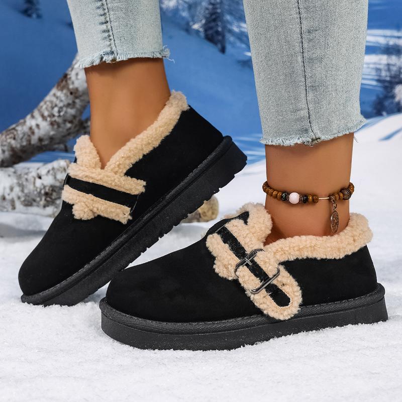 Fashion Soft Thick Bottom Furry Casual Shoes Women 2025 Winter Warm Short Plush Flats Shoes Metal Buckle Non Slip Snow Boots for Woman