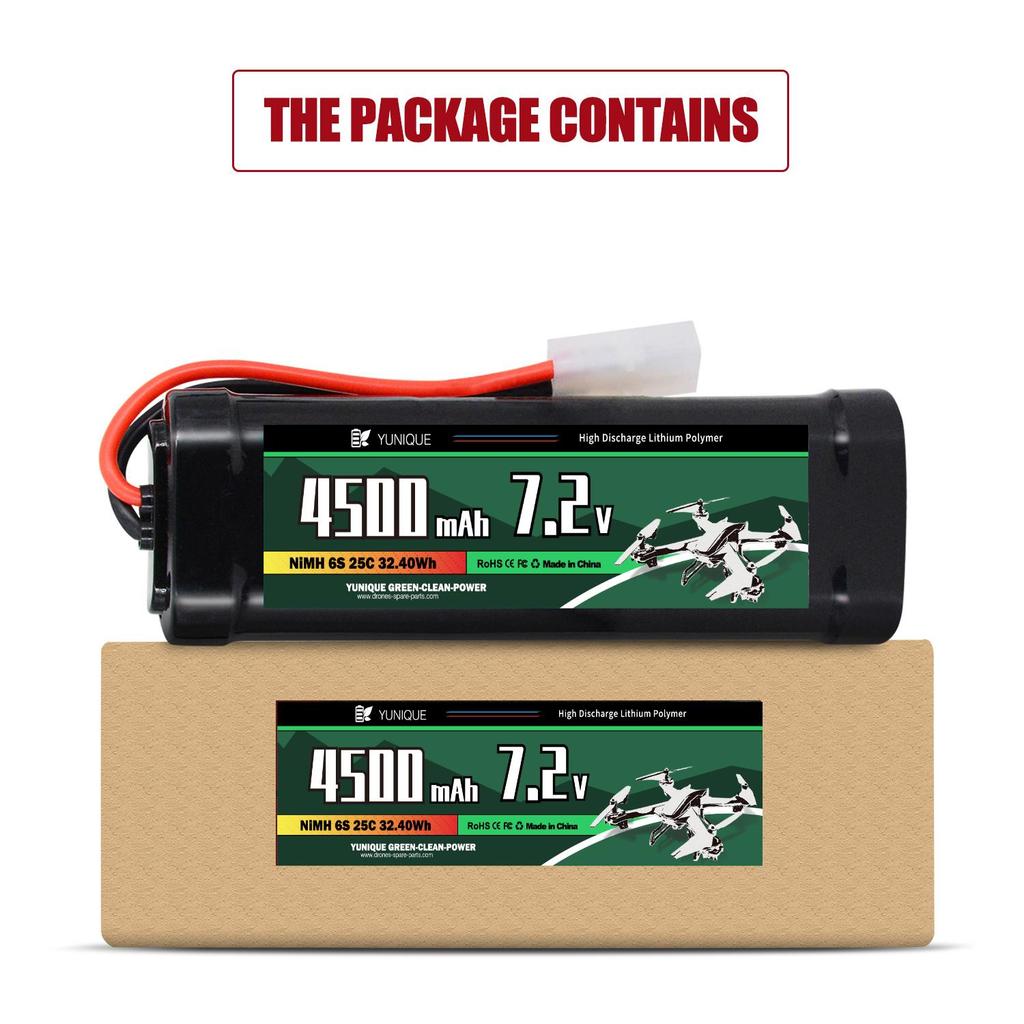 Rechargeable NiMH Battery 7.2V 4500mAh with Tamiya Connector – 6 Cells, Silicone Wire – Power for RC Models