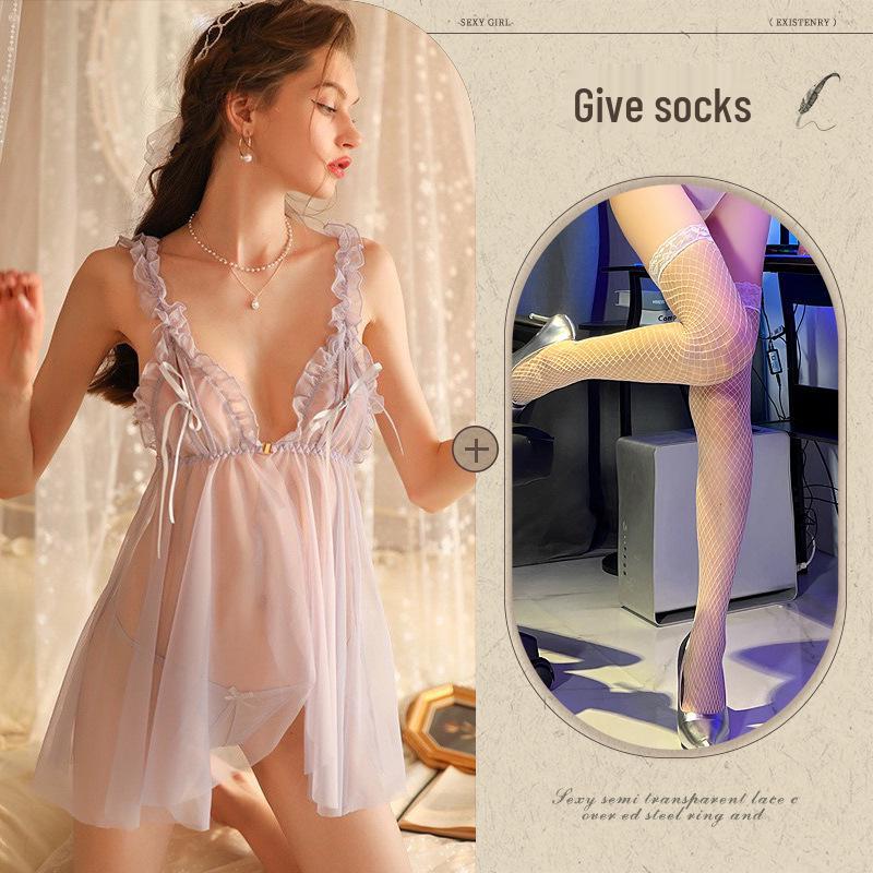 Temptation See-Through Hollow Out Chest Slit Sexy Sleepwear Lingerie Nightgown 814