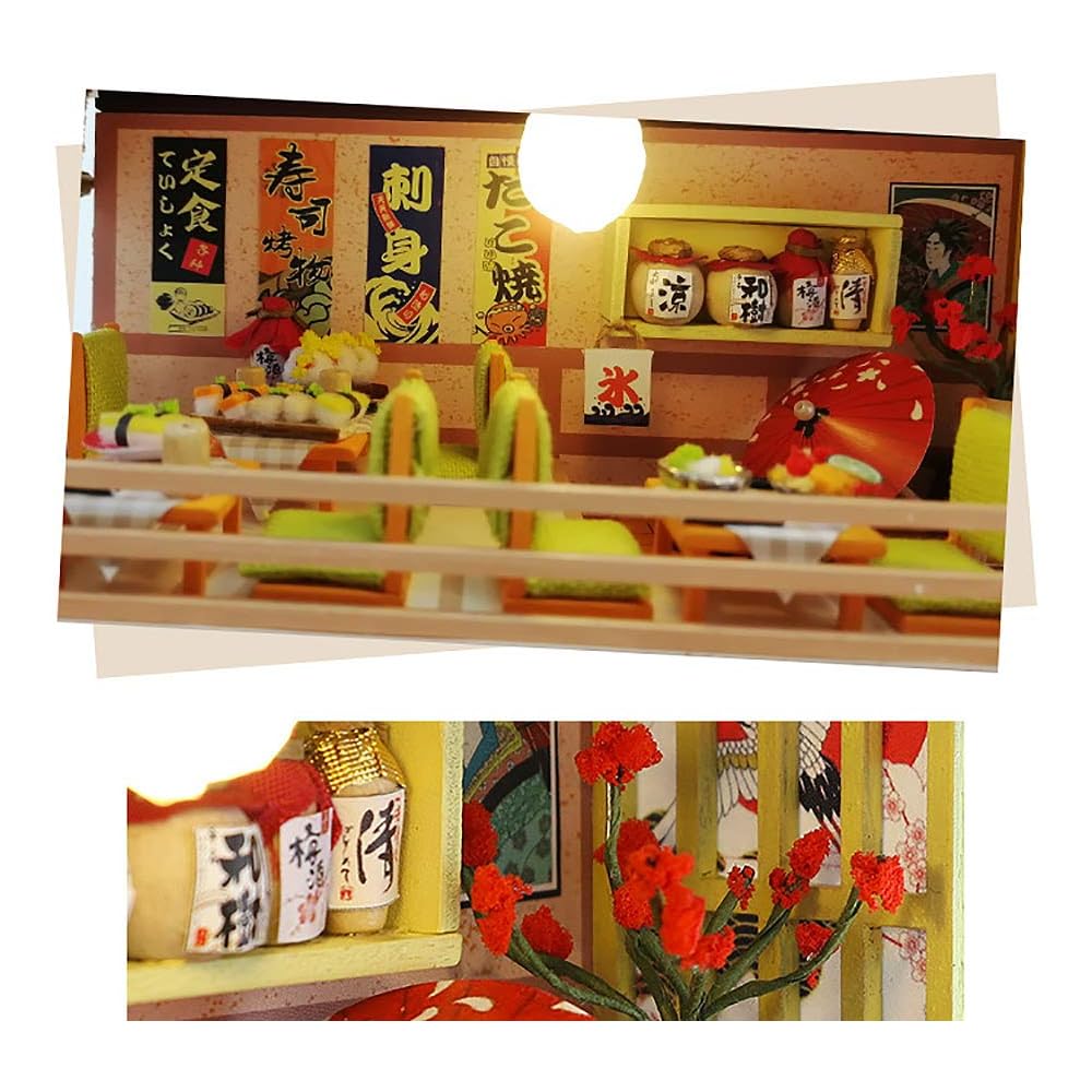 Moin Moin Miniature Dollhouse Kit Two-Story Sushi Restaurant with LED Light Sakura Design 2006DH154
