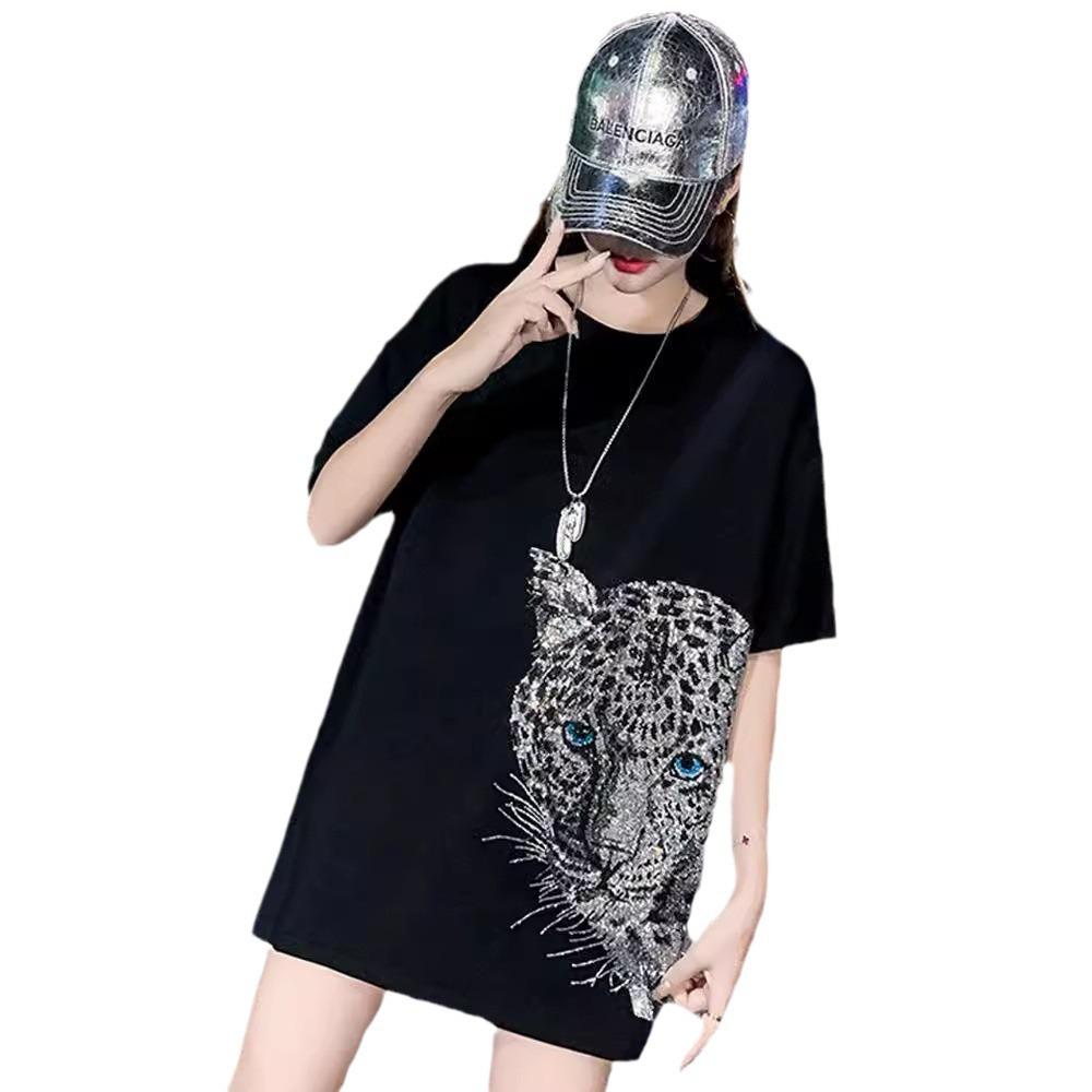 200g Combed Cotton Women's Plus Size Rhinestone Top, 2023 Mid-Length Style
