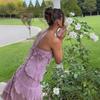 Women's Halter Sleeveless Midi Dress Slim High Waist Elegant Ruffle Chiffon Maxi Dress Solid Pleated Irregular Hem Party Long Dress