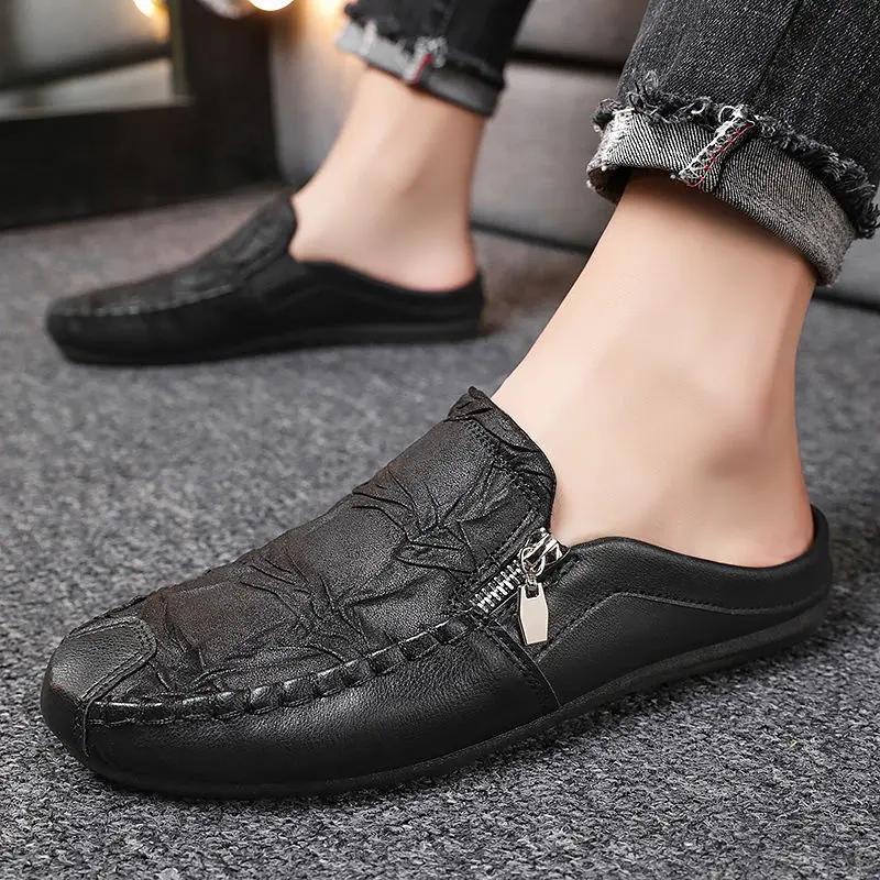 Fashion Slippers for Men Half Soft Leather Designer Luxury Fun Casual Shoes Elegant High Quality Fashion Mascullino Original Sandals Man