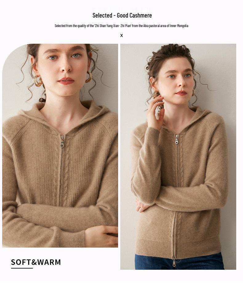 Eleganter Kapuzen-Kaschmir-Cardigan für Damen - Locker, Gemütlich und Hochwertig mit Verdicktem Reißverschluss.