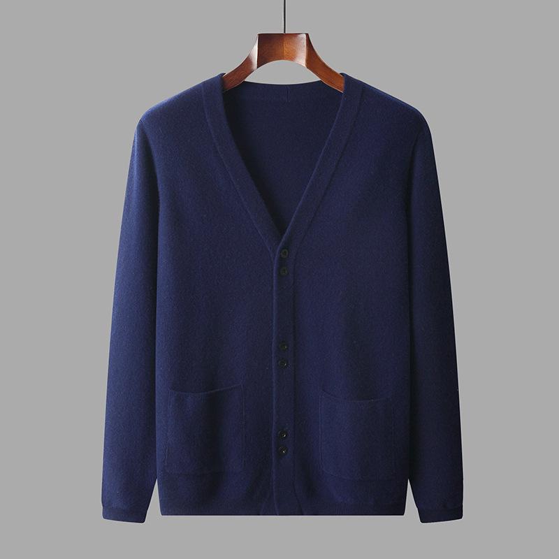 Men's V-Neck Pure Wool Cardigan, Plus Size, Middle-Aged & Elderly, Loose Fit, Solid Color, Casual Knit Outerwear for Autumn & Winter.