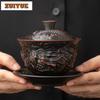210ml Purple Pottery Relief Auspicious Dragon Gaiwan Zen Tea Tureen Tea Bowl With Lid Kit Tea Brewing Cover Bowl Cha Decoration